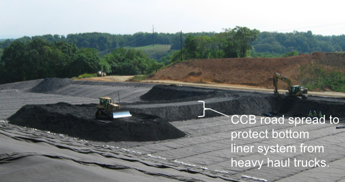Constructing landfill CCB haul roads.